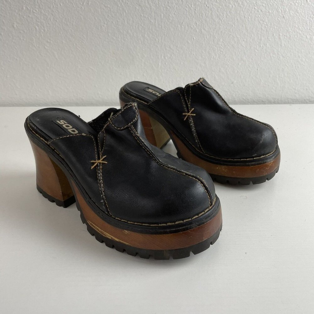 90s Y2K Vintage Soda Black Faux Leather Wooden Block Heel Platform Clogs Women 7 - Picture 2 of 12